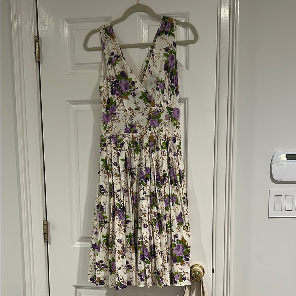 Aryeh Cream and Purple Pleated Midi Dress V-Neck Sleeveless